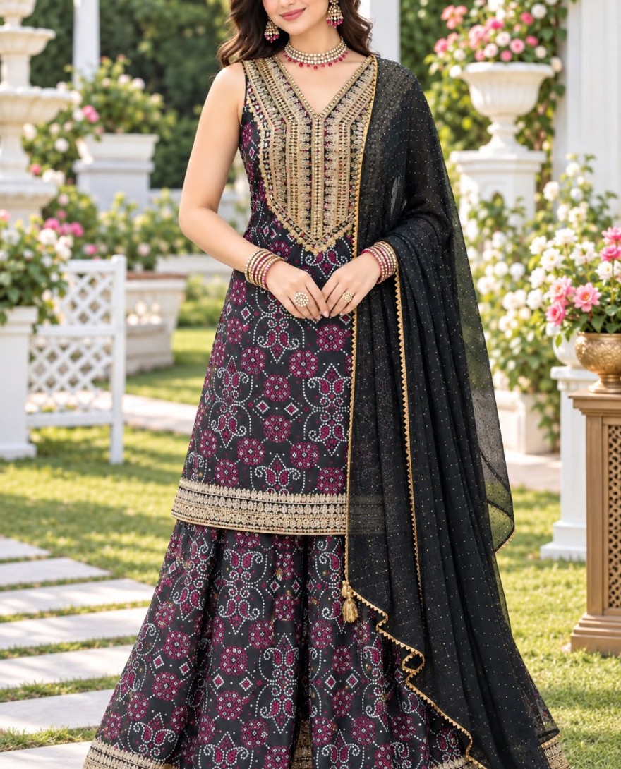 2192 - Black Chinon Embroidered and Print Work Salwar Suit